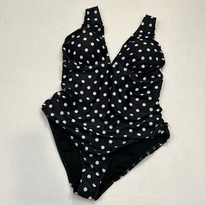 Youdian Black White Polka‎ Dot Tummy Control Ruched Lined Crossover Swimsuit 4X